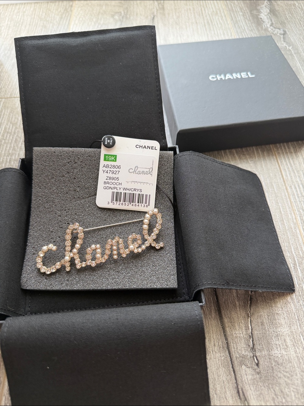 CHANEL Crystal Pearl Script Logo Brooch Gold AB2806 New